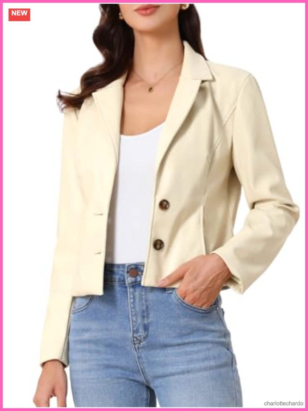 Faux PU Leather Cropped Motorcycle Jacket Button Down Notch Lapel Moto